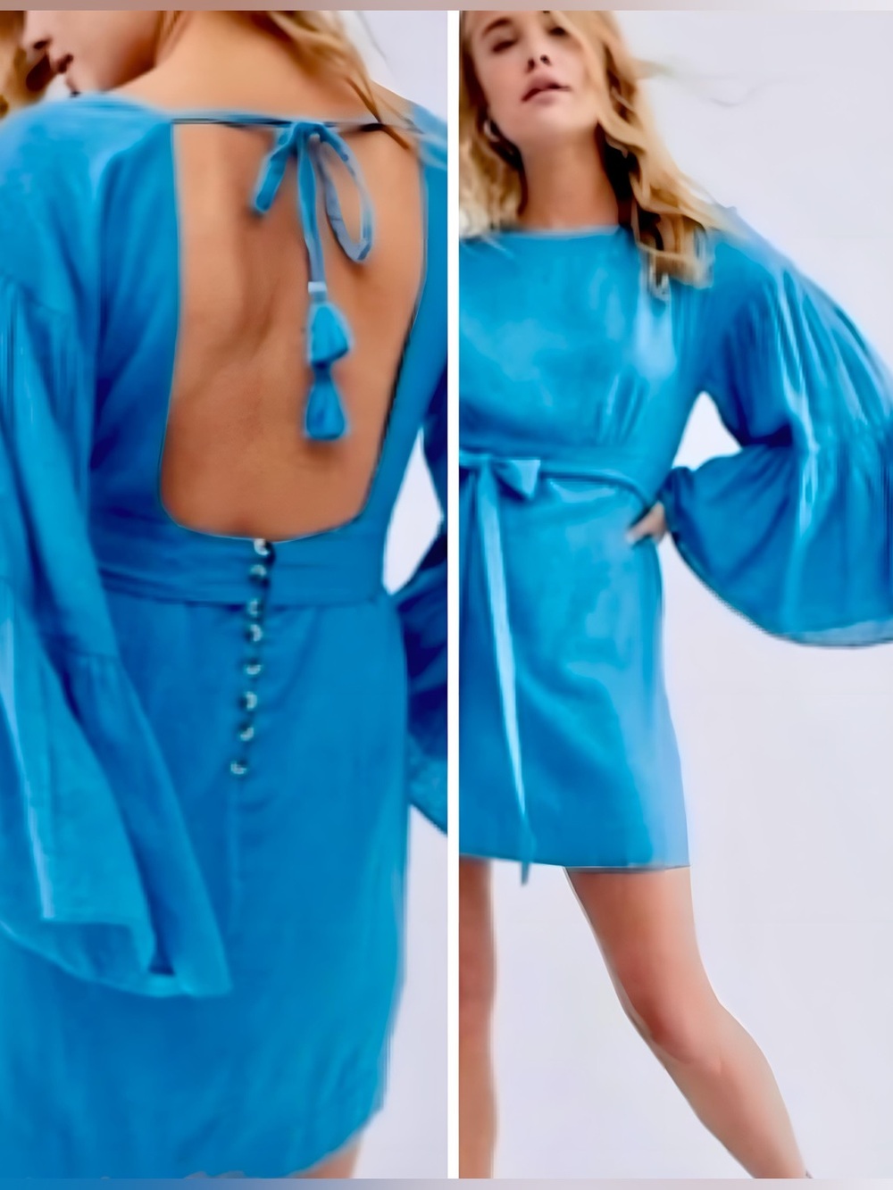 FREE PEOPLE Maidia Teal Blue Flowy Long Sleeve Mini Dress w Open Back